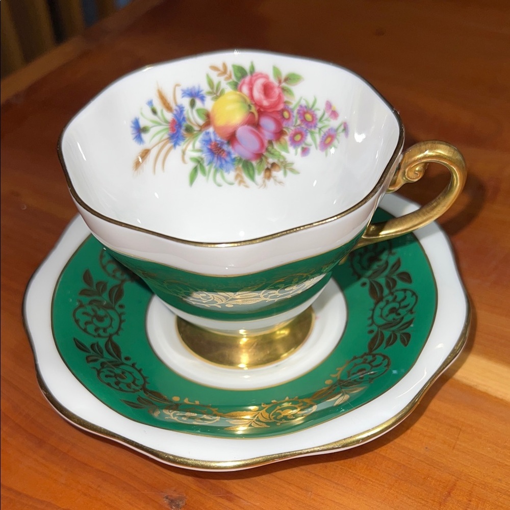 EB Foley footed Green and Gold with Fruits bone china Tea cup matching Saucer